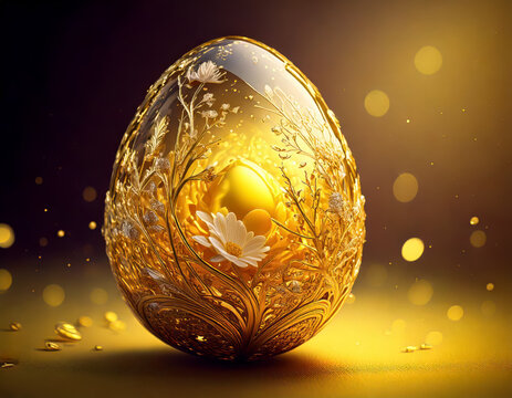 breathtaking ornate crystal egg with glowing golden yolk inside and dazzling details