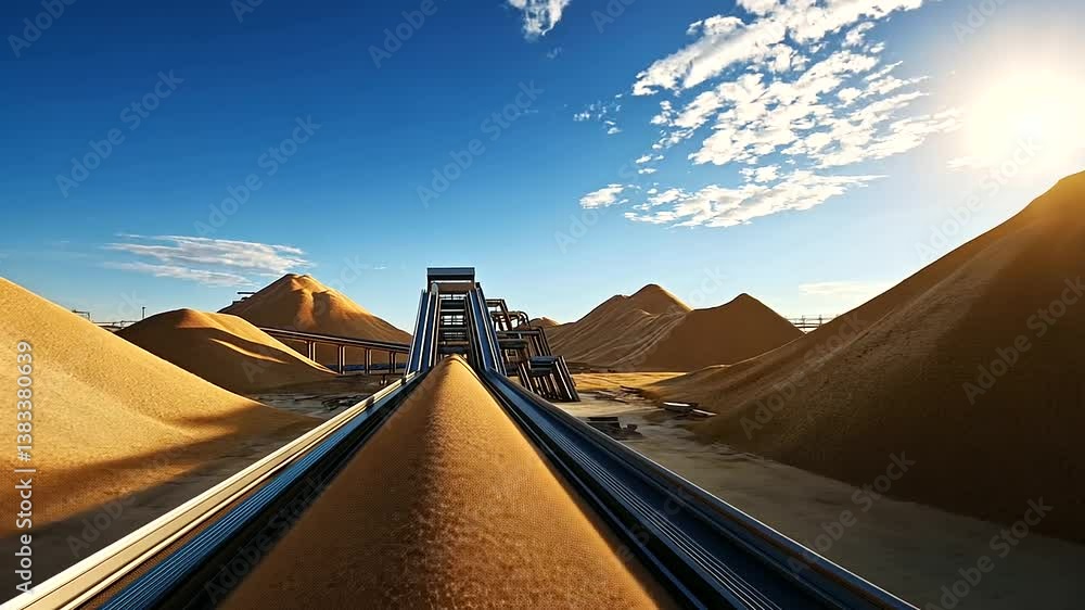 Poster a panoramic view of a high-tech sand processing facility, with automated robots overseeing the distr