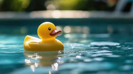 Yellow Rubber Duck Floating on Calm Blue Water - Playful Childhood Toy in Pool, Summer Recreation, Happy Moments.