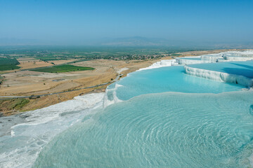 View of beautiful travertine terraces and natural formations, Pamukkale, Turkey.