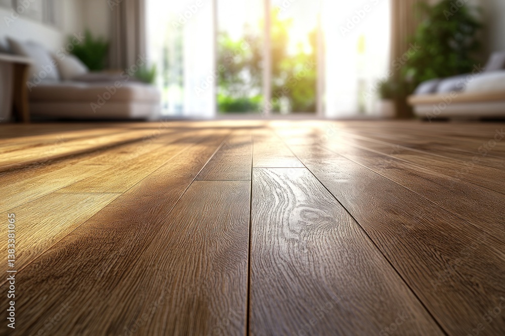 Poster wooden floor with detailed grain patterns illuminated by warm sunlight, creating an inviting atmosph