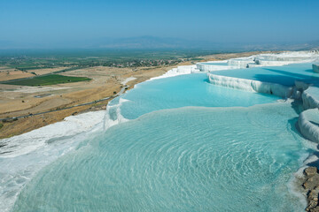 View of beautiful travertine terraces and natural formations, Pamukkale, Turkey.