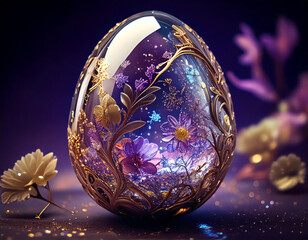 dazzling crystal egg with intricate golden filigree and a glowing core