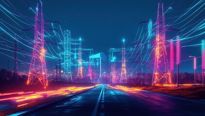 Night Road Illuminates Electric Towers, Glowing Neon Lights, Power Grid at Night, Futuristic Cityscape