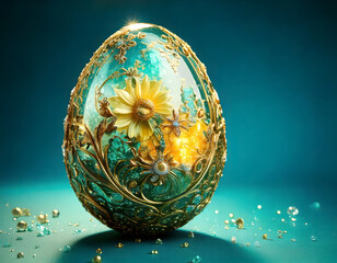 sparkling victorian style crystal egg with gold and floral accents, glowing brightly