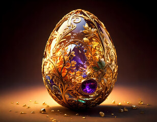 mesmerizing crystal egg with a golden glow and sparkling purple jewels, intricate detailing