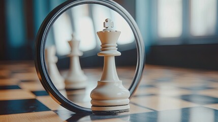 White chess queen against mirror with reflection of pawn