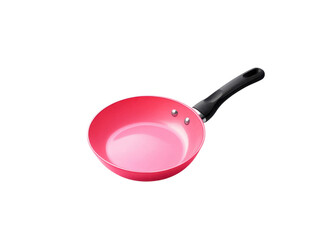 Pink frying pan with black handle isolated on transparent background. Kitchenware and cooking concept.