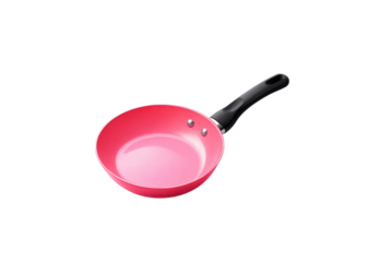 Pink frying pan with black handle isolated on transparent background. Kitchenware and cooking concept.