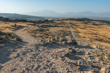 Ruins of ancient city, Hierapolis near Pamukkale, Turkey. Sunny day.