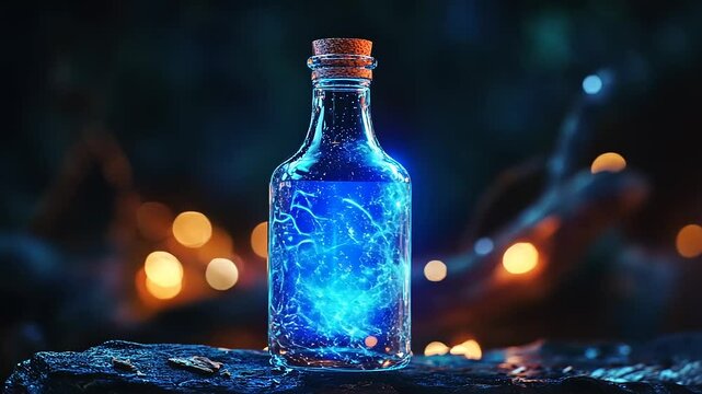 A glowing potion bottle surrounded by mystical lights in a dark forest setting