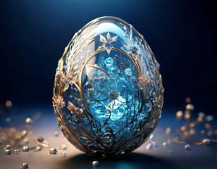 blue glowing crystal egg with golden filigree and jewel-studded details inside
