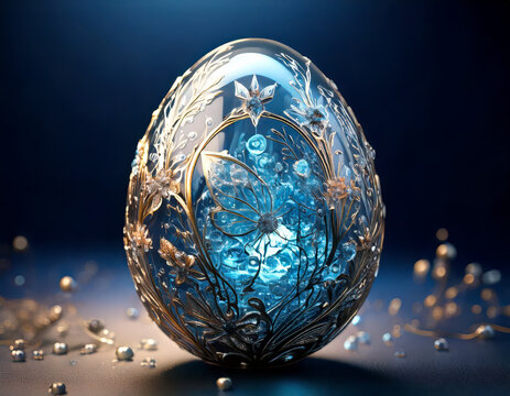 blue glowing crystal egg with golden filigree and jewel-studded details inside