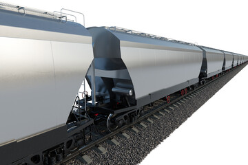 Industrial freight train on railway rails on white background