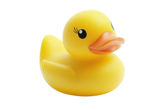 A cheerful yellow rubber duck floating in calm water on a bright sunny day with cheerful vibes