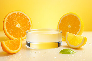 Bright Citrus Skincare Podium with Orange and Lemon &ndash; Fresh Vitamin C Cosmetic Scene