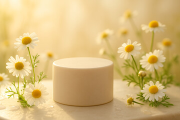 Gentle Chamomile Flower Skincare Podium &ndash; Natural Soothing Cosmetic Background