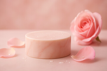Luxury Rose Extract Skincare Podium with Petals and Dew &ndash; Romantic Spa Concept