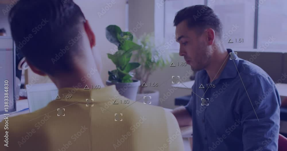Poster two people working at desk with data processing animation overlaid