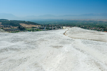 View of beautiful travertine terraces and natural formations, Pamukkale, Turkey.