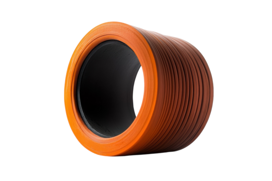A vibrant orange and black cylindrical object showcasing modern design and artistic flair