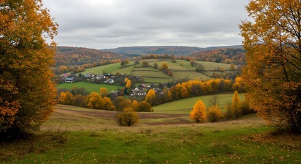 Autumnal Valley Landscape: Rolling Hills, Golden Trees AI Generated