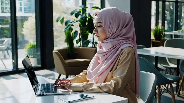 Jeune femme musulmane voil&eacute;e travaillant sur un ordinateur portable dans un espace de coworking moderne, lumi&egrave;re naturelle et ambiance professionnelle calme