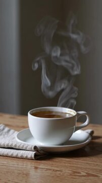 Tasse de boisson chaude fumante pos&eacute;e sur une table en bois, vapeur tourbillonnante en slow motion, ambiance cosy, vid&eacute;o verticale id&eacute;ale pour r&eacute;seaux sociaux