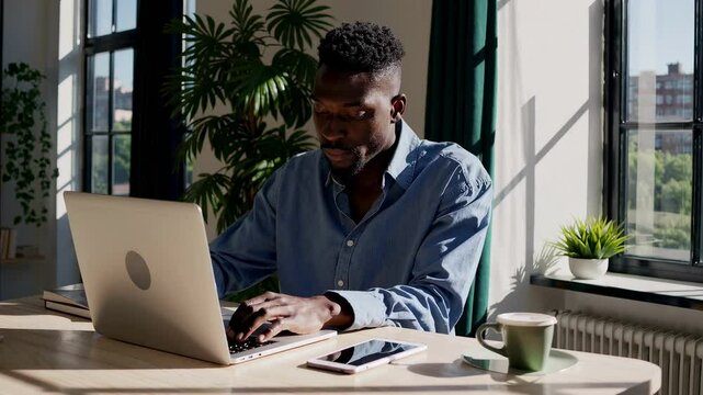 Jeune homme noir concentr&eacute; travaillant sur un ordinateur portable dans un bureau moderne et lumineux, ambiance naturelle avec plantes vertes et lumi&egrave;re du matin