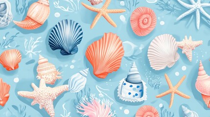 Seashells, starfish, and coral on a light blue background