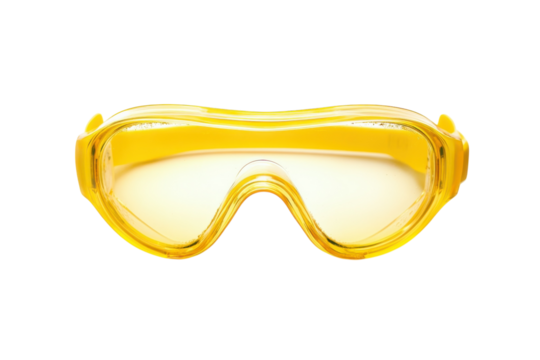 Protective yellow goggles shining brightly against a white background ready for action and safety