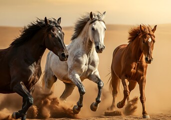Three Horses Running in a Desert at Sunrise, Raising Dust. Generative Ai