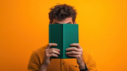 Young man holding a green book to cover half of his face against a bold orange background. Concept of discovery, learning, and intrigue.