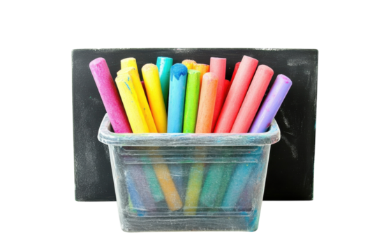 Colorful chalk sticks resting in a transparent container beside a classic black chalkboard