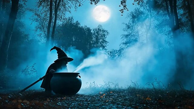 Mysterious witch brews potion under the full moon in a dark forest at night