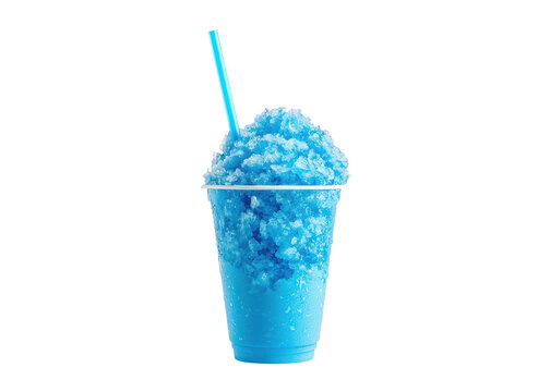 Blue raspberry snow cone in a plastic cup with a straw. Refreshing summer treat.