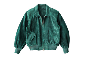Stylish green suede bomber jacket displayed elegantly against a plain background