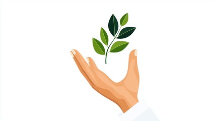Hand Holding a Sprig of Green Leaves Against a White Background