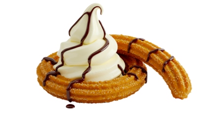 A delicious churro dessert with soft serve ice cream and chocolate syrup on a black background view