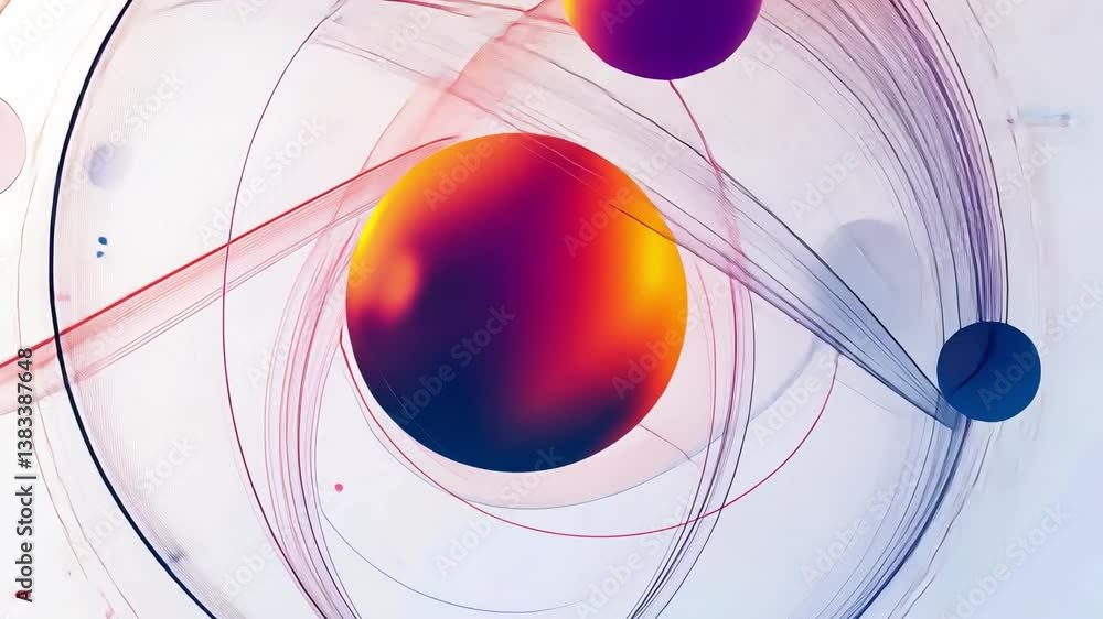 Poster atomic symphony: a dynamic visualization of an atom's core, with vibrant orbs and ethereal pathways 