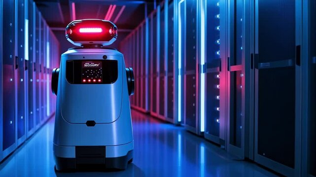 A futuristic robotic sentry stands guard over a data center equipped with scanning lasers and detection sensors actively identifying and neutralizing potential cyber threats encapsulating