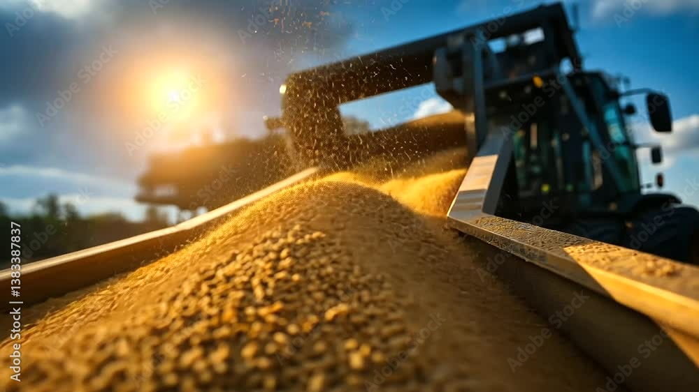 Poster a detailed high-resolution image of golden sand streaming down a conveyor belt, piling up into massi