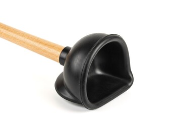 A plunger with a wooden handle and a black rubber cup isolated on white Ai generated.