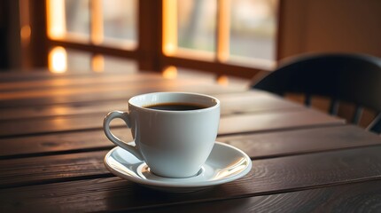 A cup of coffee in a white porcelain cup mug on the wood table texture