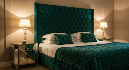 Elegant Bedroom With Tufted Headboard And Mirrored Nightstands For A Luxurious Stay