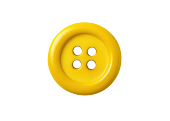 A yellow sewing button with four holes on a transparent background. Close up.