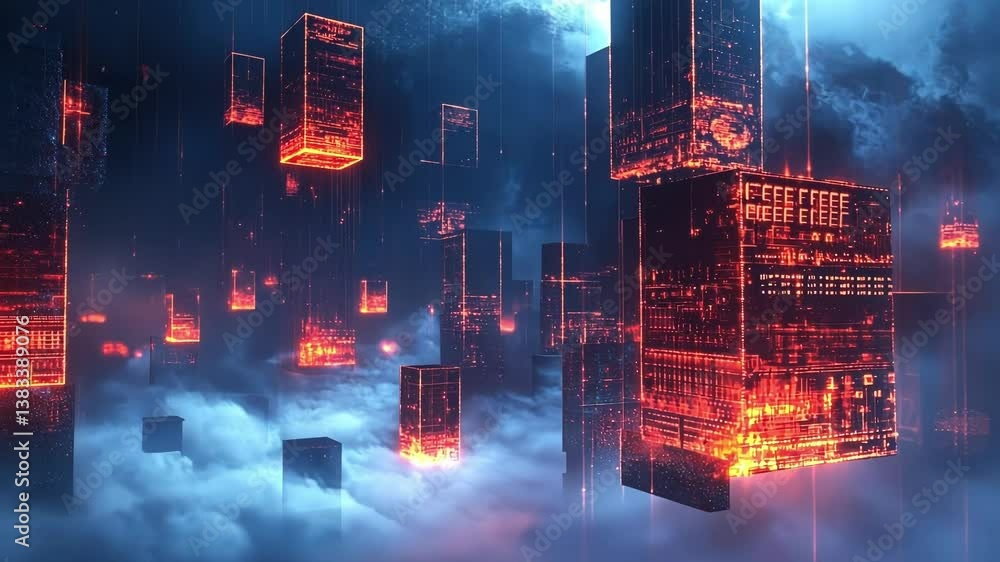 Poster glowing red server blocks are transferring data in a futuristic cityscape above the clouds, represen