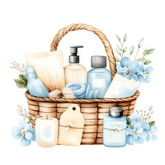A cozy watercolor gift basket filled with spa essentials and floral accents