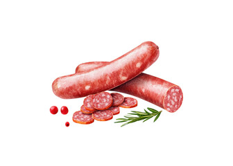 Watercolor illustration of sausages with rosemary and cranberries. Perfect for menu design, food illustrations, and culinary projects.