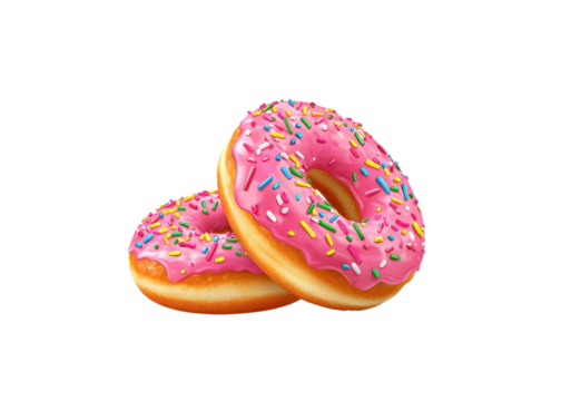 Two donuts with pink frosting and sprinkles. Sweet treat concept.